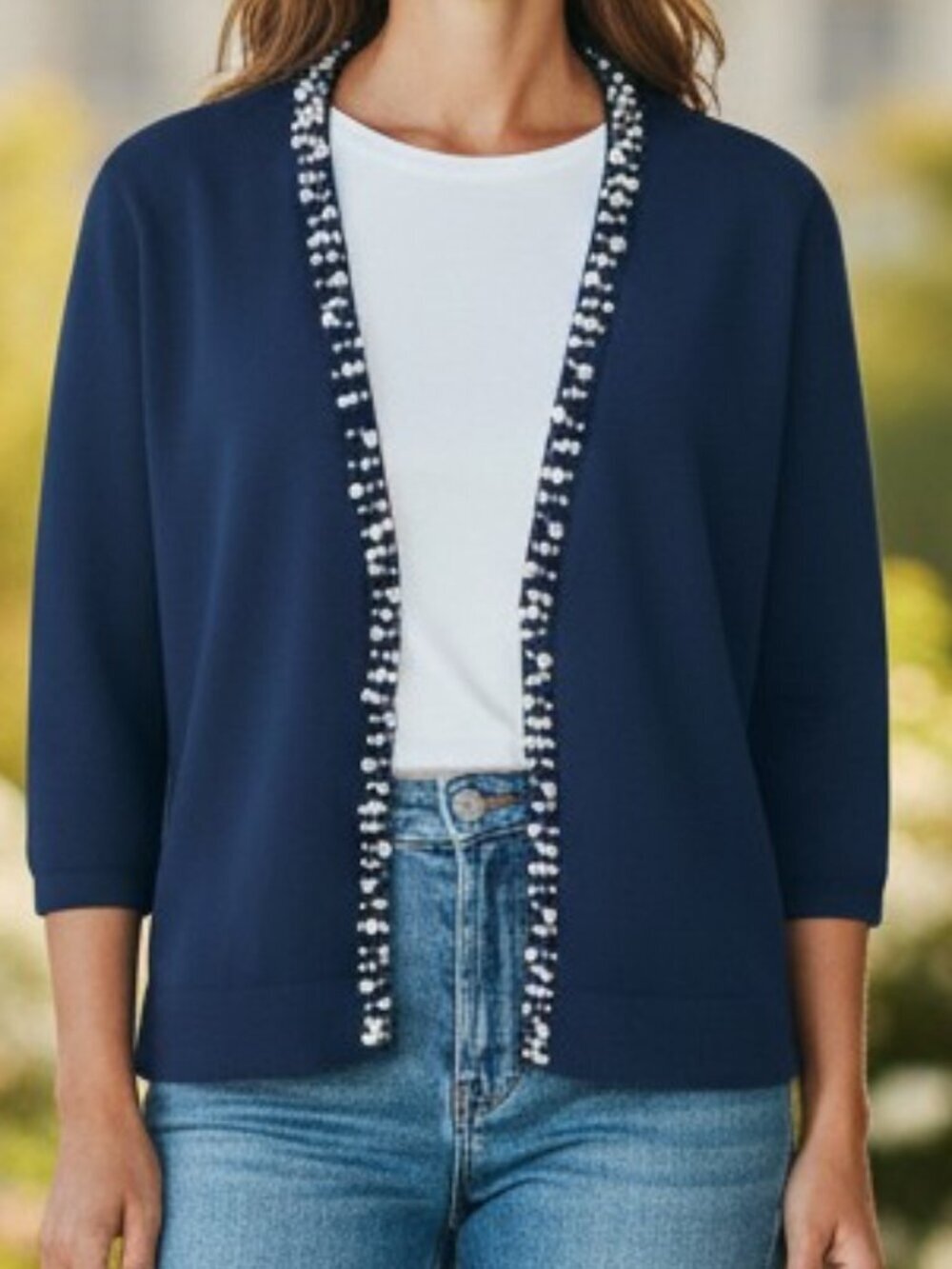 NWOT Ronni Nicole Navy Blue Beaded Cardigan